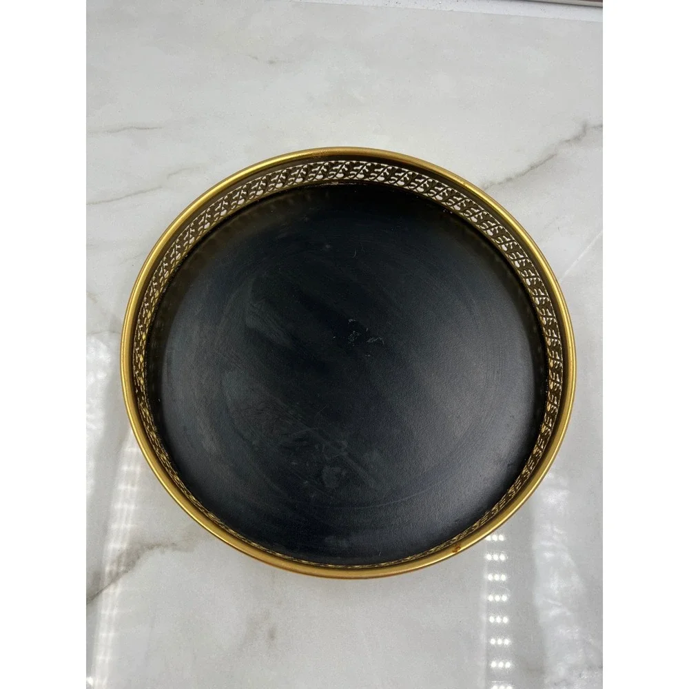 Vintage Gold Ornate Filigree Round Vanity Tray Black Base Hollywood Regency 10in